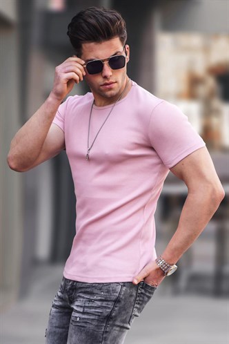 Madmext Bisiklet Yaka Pudra Basici Tişört 4077