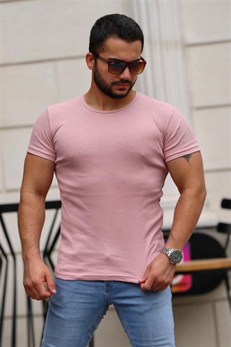 Madmext Bisiklet Yaka Pudra Basici Tişört 4077