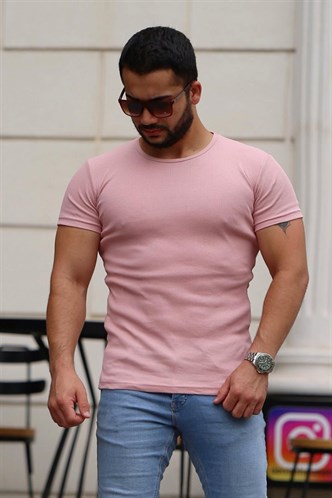 Madmext Bisiklet Yaka Pudra Basici Tişört 4077