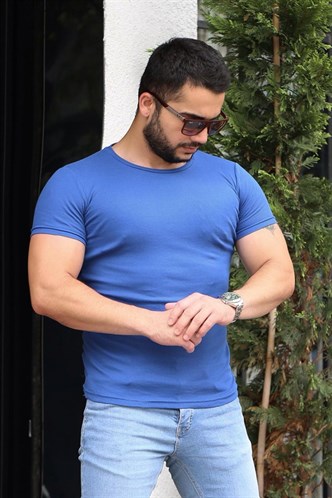 Madmext Bisiklet Yaka Saks Basic Tişört 4077