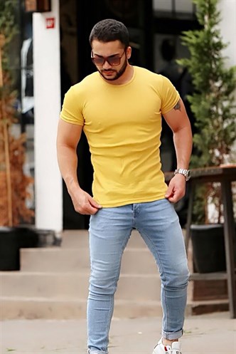 Madmext Bisiklet Yaka Sarı Basic Tişört 4077