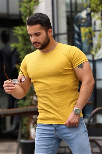 Madmext Bisiklet Yaka Sarı Basic Tişört 4077