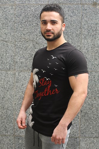 Madmext Bisiklet Yaka Siyah Baskılı Tişört 3026