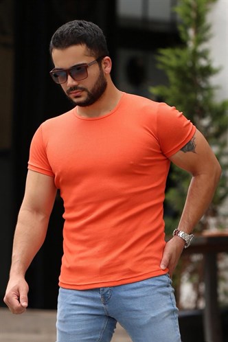 Madmext Bisiklet Yaka Turuncu Basic Tişört 4077