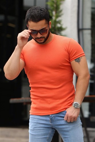 Madmext Bisiklet Yaka Turuncu Basic Tişört 4077