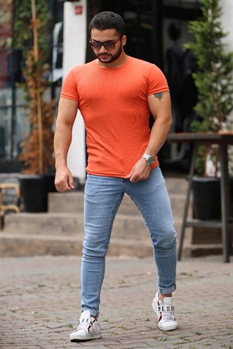 Madmext Bisiklet Yaka Turuncu Basic Tişört 4077