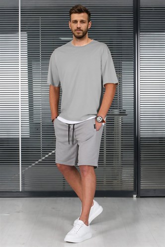 Madmext Boyalı Gri Oversize Erkek Şort Takımı 5668