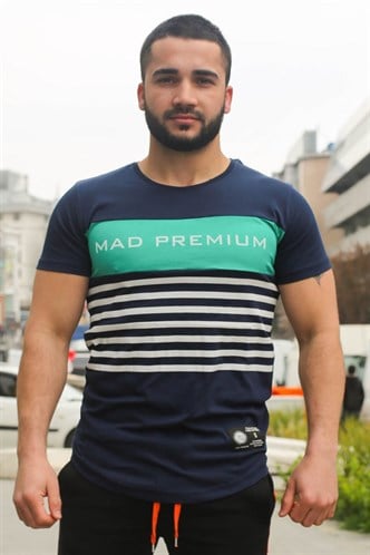 Madmext Çizgi Detaylı Baskılı Lacivert Tişört 3041