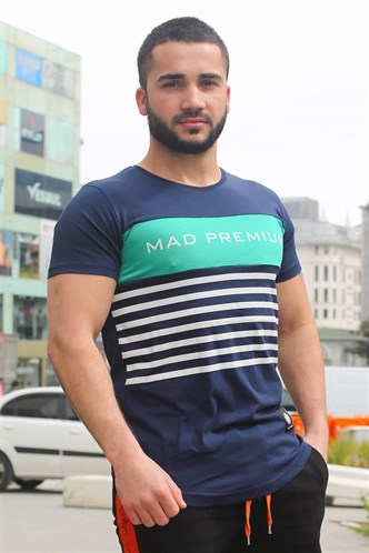 Madmext Çizgi Detaylı Baskılı Lacivert Tişört 3041