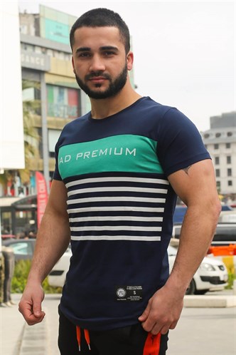 Madmext Çizgi Detaylı Baskılı Lacivert Tişört 3041
