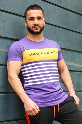 Madmext Çizgi Detaylı Baskılı Mor Tişört 3041