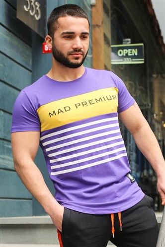 Madmext Çizgi Detaylı Baskılı Mor Tişört 3041