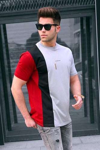 Madmext Çizgili Boyalı Gri T-Shirt 5370