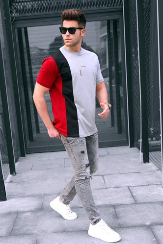 Madmext Çizgili Boyalı Gri T-Shirt 5370