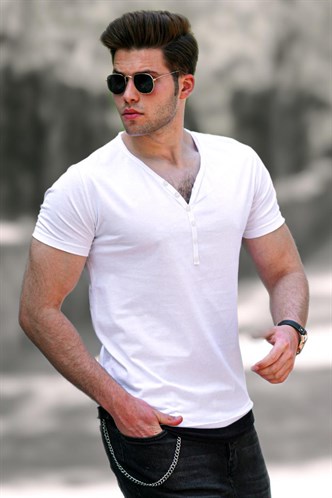 Madmext White Basic Button-Up T-shirt for Men 4052