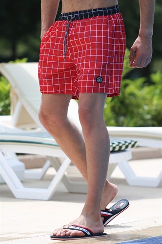 Madmext Claret Red Check Swim Wear Short 4258
