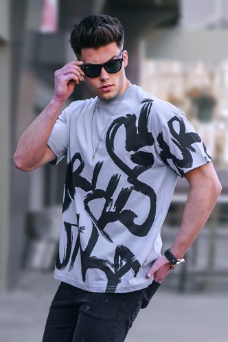 Madmext Erkek Boyalı Gri Overfit  Desenli Tişört 5811