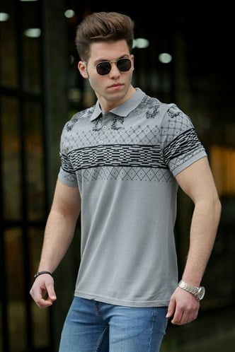 Madmext Gri Baskılı Polo Tişört 3057
