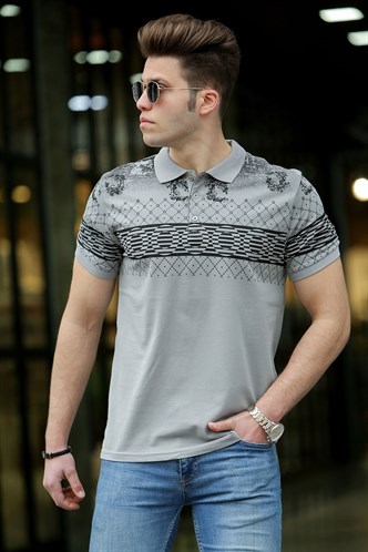 Madmext Gri Baskılı Polo Tişört 3057