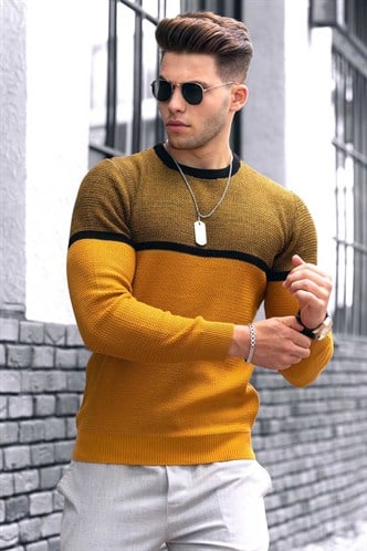 Madmext Hardal Renk Bloklu Erkek Kazak 4734