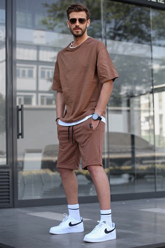 Madmext Kahverengi Oversize Erkek Şort Takımı 5668