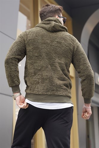 Madmext Kapşonlu Peluş Sweatshirt Haki 4390