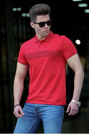 Madmext Kırmızı Desenli Polo Yaka Erkek Tişört 3058-1