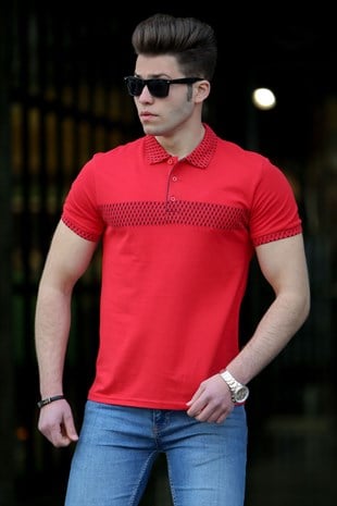Madmext Kırmızı Desenli Polo Yaka Erkek Tişört 3058-1