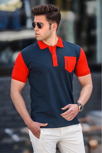 Madmext Men Knitted Front Pocket Navy Blue Polo T-shirt 5246