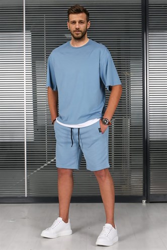 Madmext Mavi Oversize Erkek Şort Takımı 5668