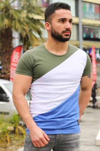 Madmext Renk Bloklu Haki Tişört 3018
