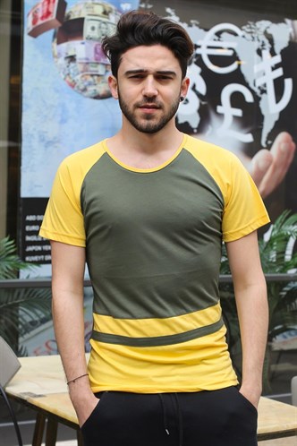 Madmext Şerit Detaylı Haki Tişört 3014