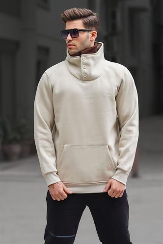 Madmext Triko Yaka Düğmeli Bej Sweatshirt 4411