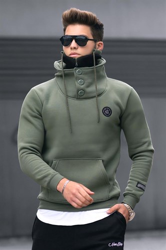 Madmext Triko Yaka Düğmeli Haki Sweatshirt 4411