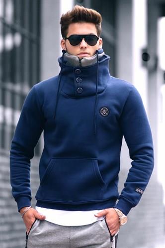 Madmext Triko Yaka Düğmeli Lacivert Sweatshirt 4411