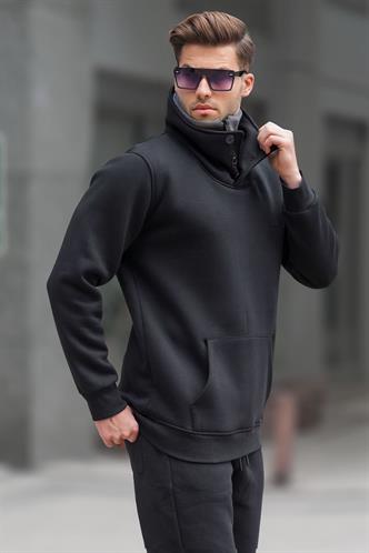 Madmext Triko Yaka Düğmeli Siyah Sweatshirt 4411