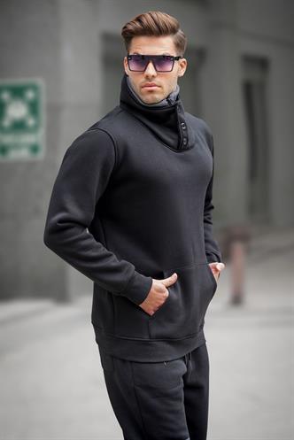 Madmext Triko Yaka Düğmeli Siyah Sweatshirt 4411