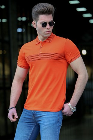 Madmext Turuncu Desenli Polo Yaka Erkek Tişört 3058-6