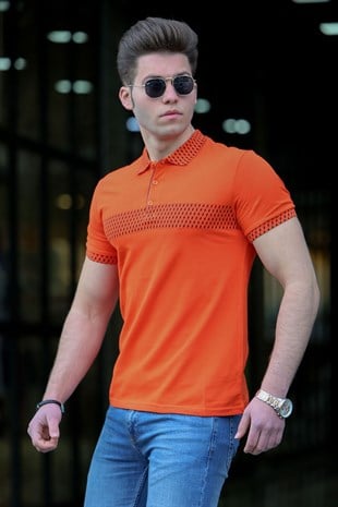 Madmext Turuncu Desenli Polo Yaka Erkek Tişört 3058-6