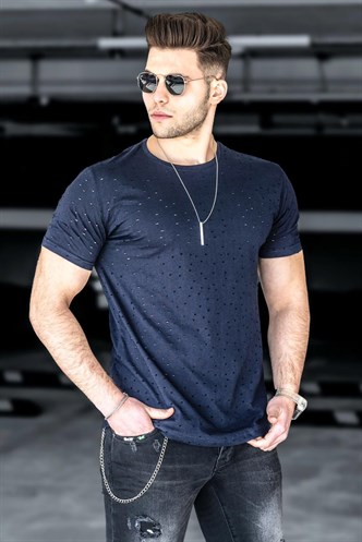 Madmext Men Ripped Navy Blue T-shirt 2883