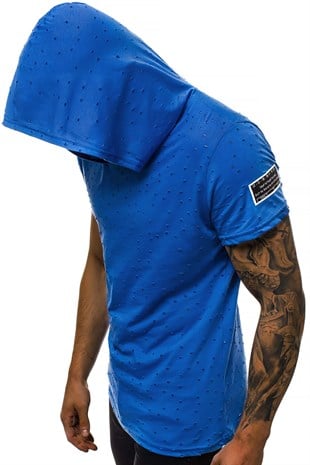 Madmext Blue Rapped T-shirt with Hood for Men 3069