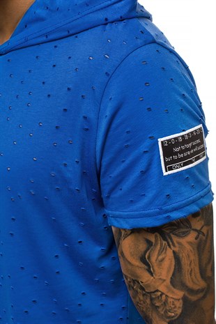 Madmext Blue Rapped T-shirt with Hood for Men 3069
