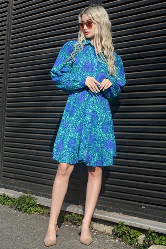 Mavi Çiçek Desenli Gömlek Yaka Mini Elbise MG1823