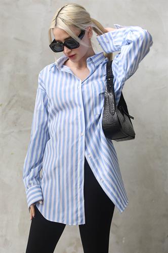 Mavi Çizgili Oversize Kadın Gömlek MG1688