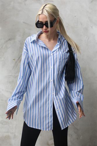 Mavi Çizgili Oversize Kadın Gömlek MG1688