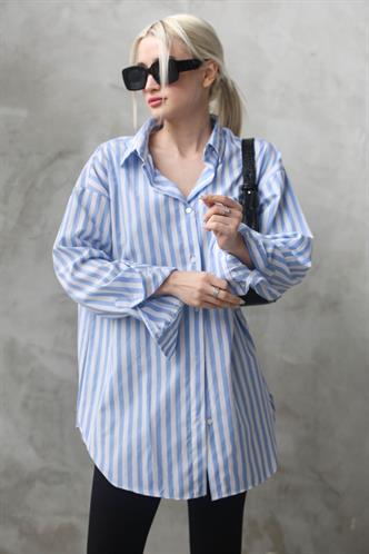 Mavi Çizgili Oversize Kadın Gömlek MG1688