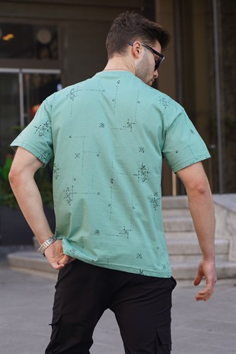 Mint Yeşili Bisiklet Yaka Baskılı Erkek Tişört 6093