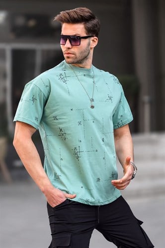 Mint Yeşili Bisiklet Yaka Baskılı Erkek Tişört 6093