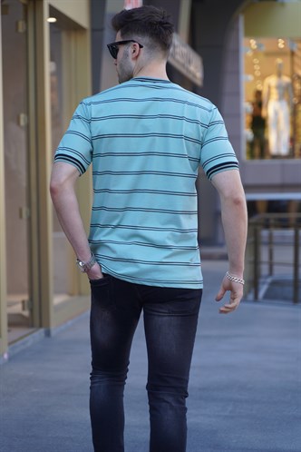Mint Yeşili Çizgili Polo Yaka Erkek Tişört 5874