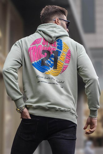 Mint Yeşili Kabartma Baskılı Kapüşonlu Sweatshirt 6042